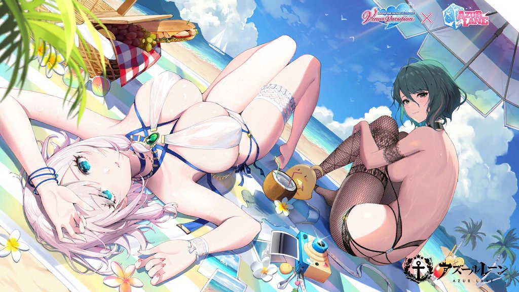 2girls arms_up ass azur_lane baby_animal back bare_arms bare_back bare_shoulders beach beach_mat beach_umbrella bikini bird black_choker blue_eyes breasts brown_pantyhose chick choker coconut day dead_or_alive dead_or_alive_xtreme drinking_straw dutch_angle fishnet_pantyhose fishnets frilled_thigh_strap from_behind fruit_cup green_eyes green_hair knees_up large_breasts long_hair looking_at_viewer looking_back luna_(doa) luna_(venus_of_the_beach)_(doa) lying manjuu_(azur_lane) mole mole_under_eye multiple_girls official_alternate_costume official_art on_back outdoors pantyhose pink_hair short_hair sideboob sitting skindentation swimsuit tamaki_(doa) tamaki_(venus_shower_time)_(doa) thigh_strap thighs umbrella wet white_bikini white_hair yuri_(chocho_q)