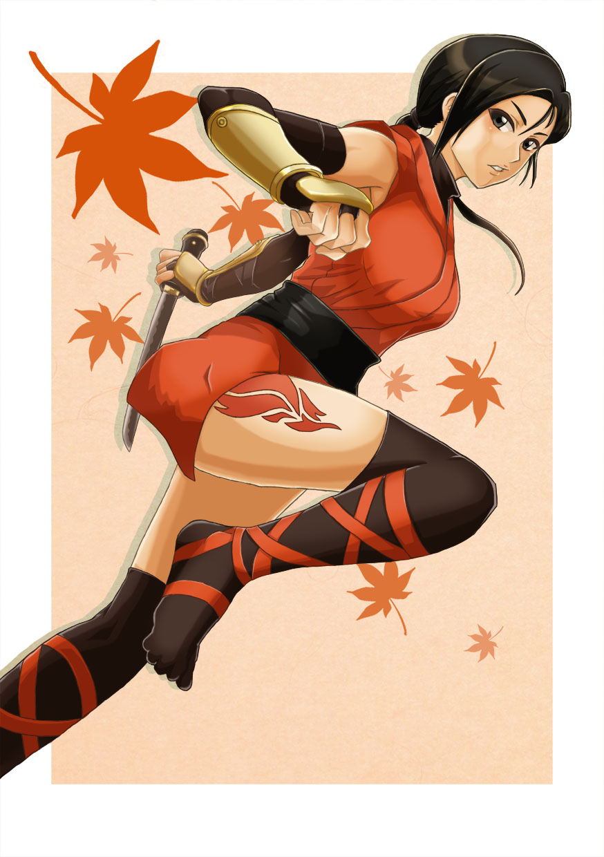 1girl black_hair breasts brown_eyes commentary_request highres holding holding_sword holding_weapon japanese_clothes kaede_(onimusha) leaf leg_tattoo maple_leaf medium_breasts ninja onimusha onimusha:_warlords over-kneehighs short_hair solo sword syosugi tattoo thighhighs toes weapon