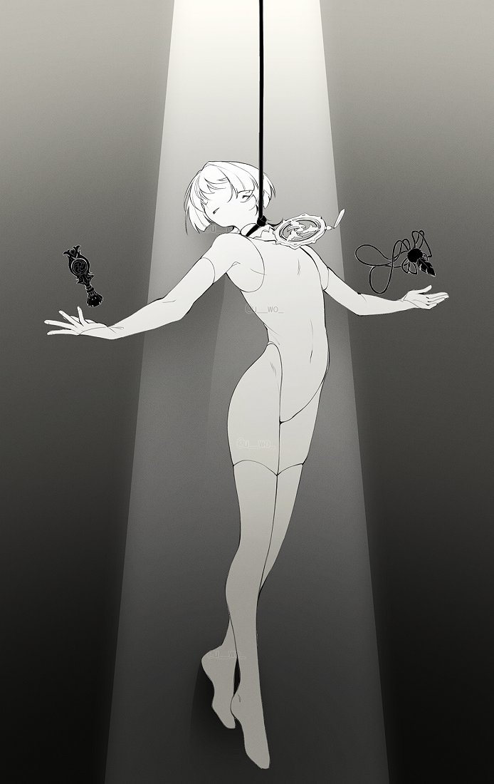 1boy blunt_ends bridal_gauntlets carbuncly faceless faceless_male facing_to_the_side feathers full_body genshin_impact gnosis_(genshin_impact) greyscale highleg highleg_leotard jewelry leotard male_focus mitsudomoe_(shape) monochrome neck_ring noose open_hands outstretched_arms parted_lips pom_pom_(clothes) rope_around_neck scaramouche_(genshin_impact) solo spotlight spread_arms string thighhighs tomoe_(symbol) twitter_username