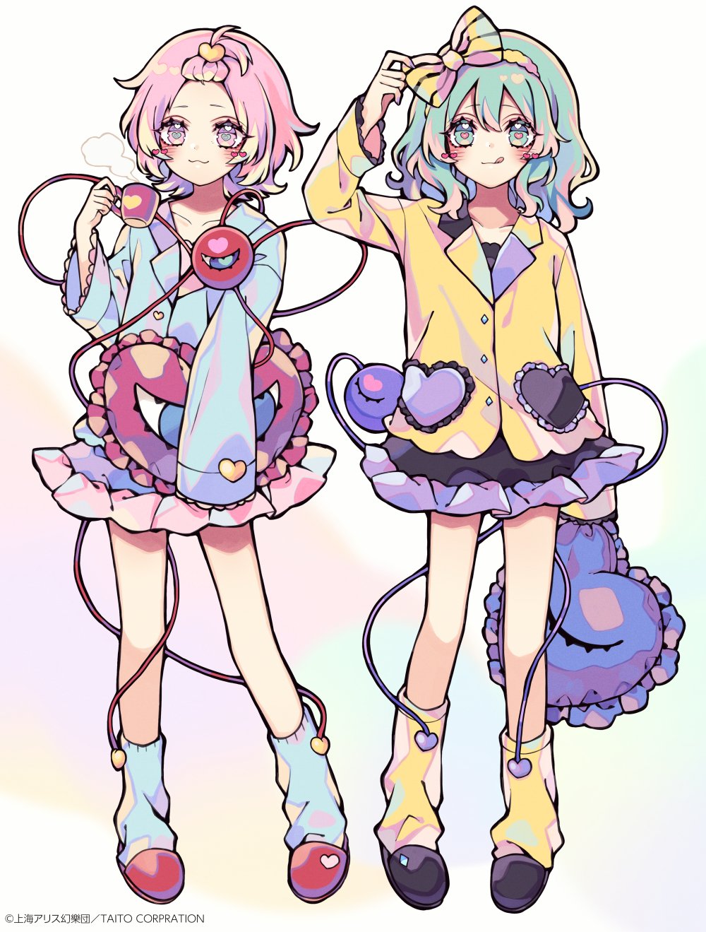 2girls :3 :q adapted_costume arm_up bangs_pinned_back black_footwear black_skirt blue_leg_warmers blue_shirt bow collarbone commentary_request cup frilled_pillow frilled_skirt frilled_sleeves frills green_eyes green_hair hair_bow hair_ornament hairband heart heart-shaped_pillow heart-shaped_pupils heart_hair_ornament highres holding holding_cup holding_pillow komeiji_koishi komeiji_satori kyouda_suzuka leg_warmers long_sleeves looking_at_viewer medium_hair mug multiple_girls pillow pink_eyes pink_hair red_footwear shirt short_hair siblings sisters skirt sleeves_past_wrists slippers smile striped_bow symbol-shaped_pupils third_eye tongue tongue_out touhou white_background yellow_bow yellow_hairband yellow_leg_warmers yellow_shirt