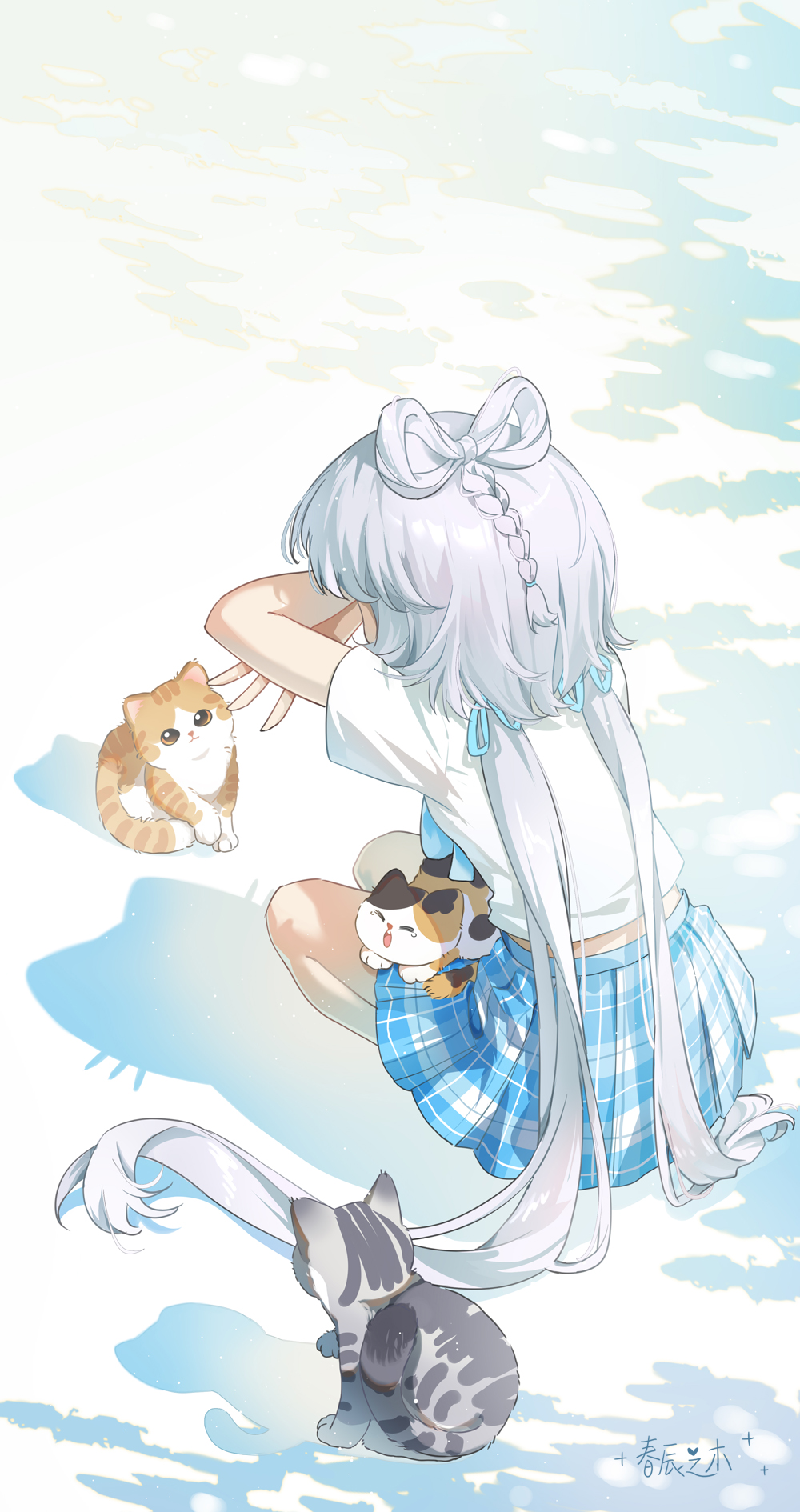 1girl aqua_ribbon blue_skirt bow-shaped_hair braid cat_shadow_puppet_(meme) from_behind full_body grey_cat hair_ribbon harutatsunoki highres long_hair luo_tianyi meme orange_cat plaid_clothes plaid_skirt ribbon shadow shirt short_sleeves skirt solo squatting t-shirt very_long_hair vocaloid vsinger_(vocaloid) white_hair white_shirt