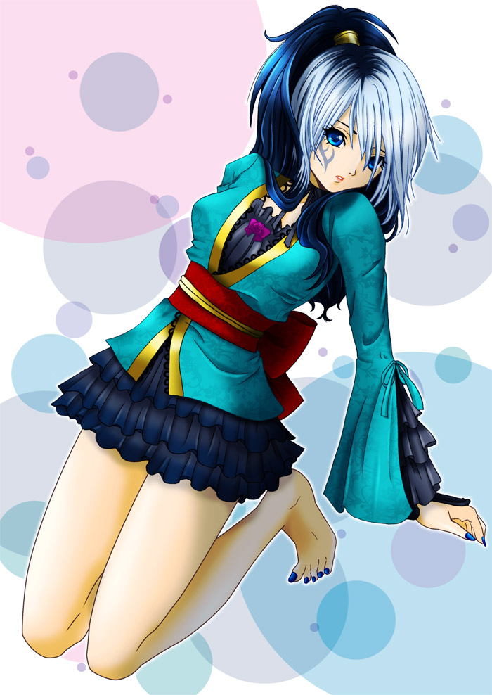 1girl bad_id bad_pixiv_id blue_eyes chosokabe_motochika chosokabe_motoko chousokabe_motochika_(sengoku_musou) esumi_(sully) female_focus genderswap genderswap_(mtf) multicolored_hair ponytail sengoku_musou sengoku_musou_2 skirt solo tattoo