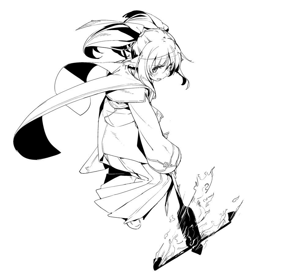 1girl fighting_stance full_body holding holding_staff long_hair looking_at_viewer monochrome nekone_(utawarerumono) oyadi robe simple_background solo staff twintails utawarerumono utawarerumono:_itsuwari_no_kamen