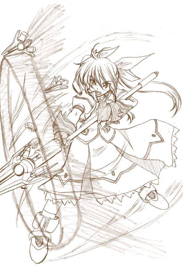 00s 1girl brown_theme female_focus lyrical_nanoha mahou_shoujo_lyrical_nanoha mahou_shoujo_lyrical_nanoha_strikers monochrome raising_heart raising_heart_(blaster_bit) raising_heart_(exceed_mode) sketch solo takamachi_nanoha takamachi_nanoha_(exceed_mode) zero_point