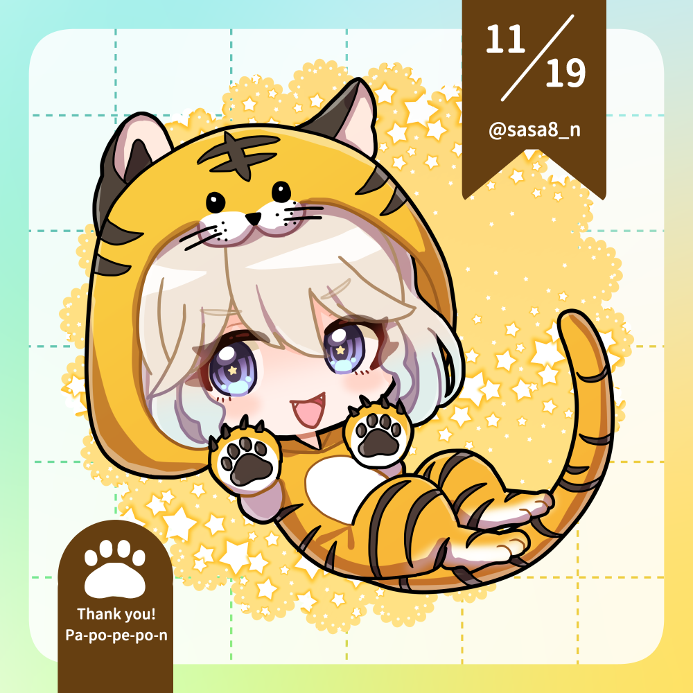 1girl animal_costume animal_hands animal_hood animal_print blonde_hair blue_eyes chibi commission dated fangs full_body gloves hood hoshiyume_gutara indie_virtual_youtuber open_mouth paw_gloves sasaba_enu skeb_commission smile solo star_(symbol) star_in_eye symbol_in_eye tiger_costume tiger_hood tiger_print virtual_youtuber