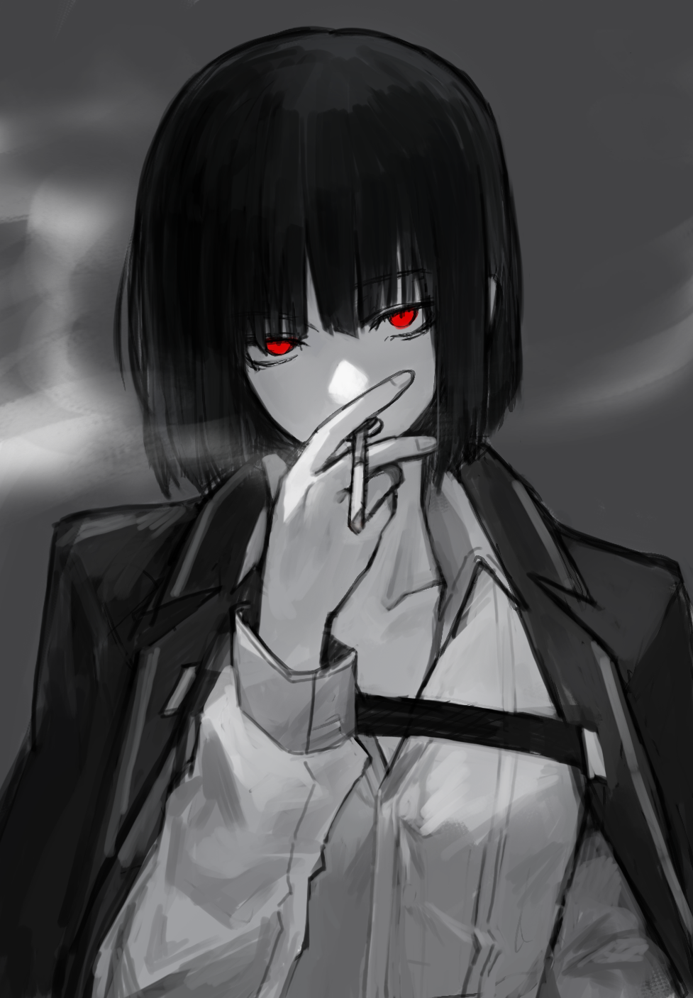 1girl badnick69_(camchi) black_hair bob_cut collarbone commentary_request dress_shirt grey_background greyscale highres jacket jacket_on_shoulders korean_commentary lapels limbus_company long_sleeves looking_at_viewer monochrome notched_lapels open_clothes open_jacket project_moon red_eyes ryoshu_(project_moon) shirt short_hair smoke smoking solo spot_color wing_cap