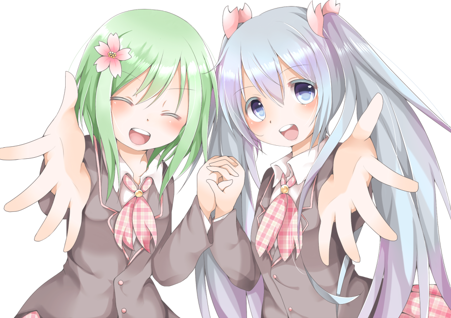 2girls :d ^_^ black_jacket blazer blue_eyes blue_hair blush chikuwa_savy closed_eyes collared_shirt commentary commentary_request english_commentary facing_viewer flower green_hair grey_background gumi hair_between_eyes hair_flower hair_ornament hair_ribbon hatsune_miku holding_hands interlocked_fingers jacket long_hair long_sleeves looking_at_viewer mixed-language_commentary multiple_girls open_mouth pink_flower pink_ribbon pink_skirt plaid_clothes plaid_skirt reaching reaching_towards_viewer ribbon school_uniform shirt short_hair simple_background skirt smile teeth twintails upper_body upper_teeth_only very_long_hair vocaloid white_shirt