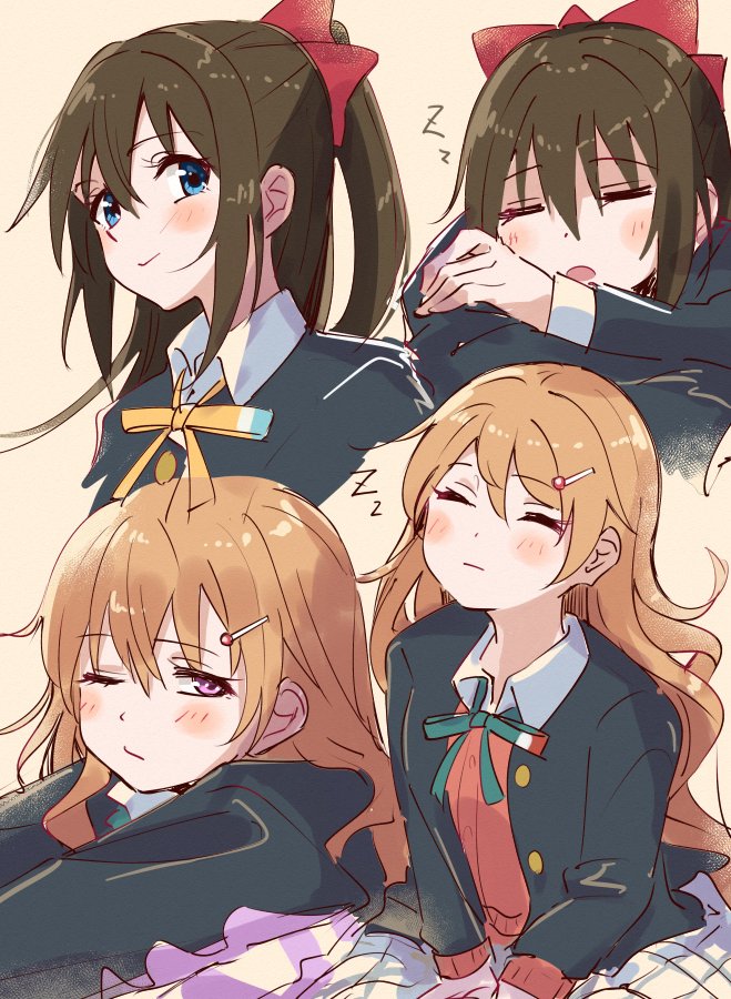 2girls :&gt; =_= black_jacket blazer blue_eyes bow brown_background brown_hair buttons cardigan closed_eyes closed_mouth collared_shirt commentary cropped_shoulders dress_shirt grey_skirt hair_between_eyes hair_bow half-closed_eye half_updo jacket konoe_kanata long_hair long_sleeves love_live! love_live!_nijigasaki_high_school_idol_club multiple_girls multiple_views nijigasaki_school_uniform one_eye_closed open_clothes open_jacket open_mouth osaka_shizuku pillow plaid_clothes plaid_skirt pleated_skirt ponytail purple_eyes red_bow red_cardigan school_uniform shirt sidelocks skirt skt_(ryxxxxx) sleeping sleeping_upright smile split_mouth white_shirt winter_uniform zzz