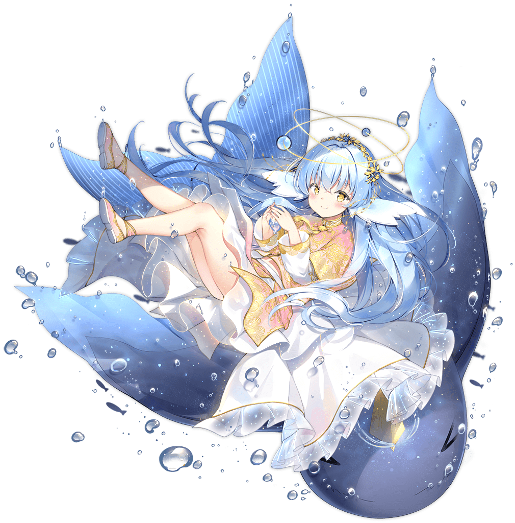 1girl ark_order bang_(gesture) blue_hair chinese_clothes dress finger_gun fingers_together fins floating_hair frilled_dress frills gold_hairband gold_trim hairband halo head_fins kuen_(ark_order) long_hair long_sleeves looking_at_viewer maya_g narwhal pink_dress pink_footwear smile solo tachi-e tassel very_long_hair water white_dress yellow_eyes