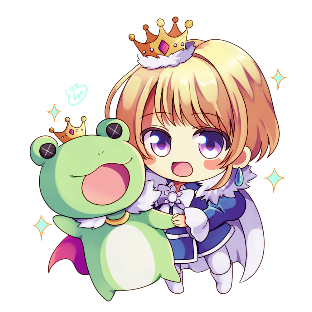 1boy blonde_hair cape chibi crown doroshii earrings idolmaster idolmaster_side-m jewelry kaerre looking_at_viewer male_focus mini_crown open_mouth pierre_bichelberger purple_eyes red_cape sparkle stuffed_animal stuffed_frog stuffed_toy white_background white_cape