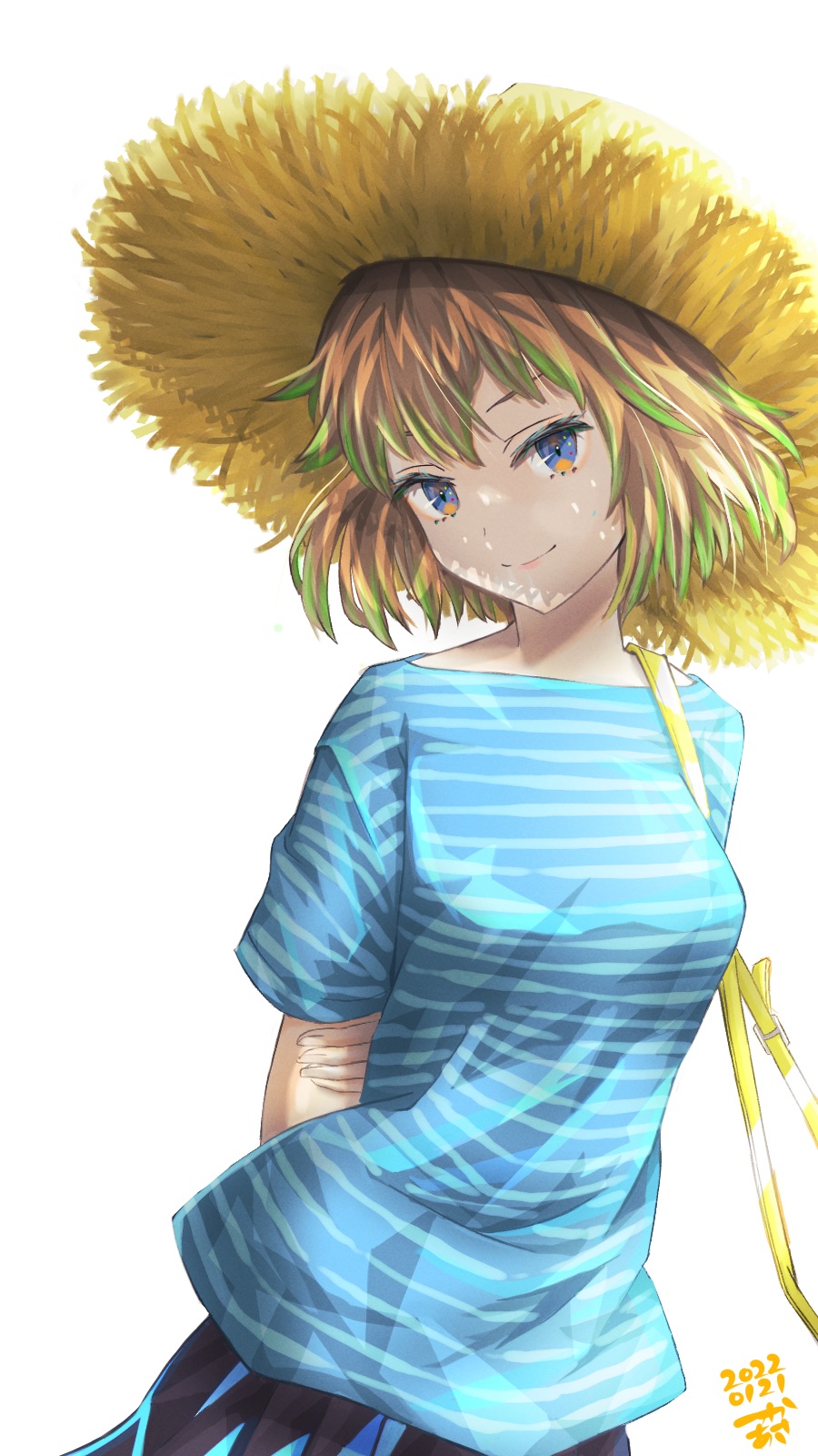 1girl arms_behind_back blue_eyes blue_shirt breasts brown_hair closed_mouth colored_tips commentary_request dated green_hair hat highres looking_at_viewer medium_breasts multicolored_hair original shirt short_hair short_sleeves simple_background smile solo straw_hat striped_clothes striped_shirt tsukaasa white_background