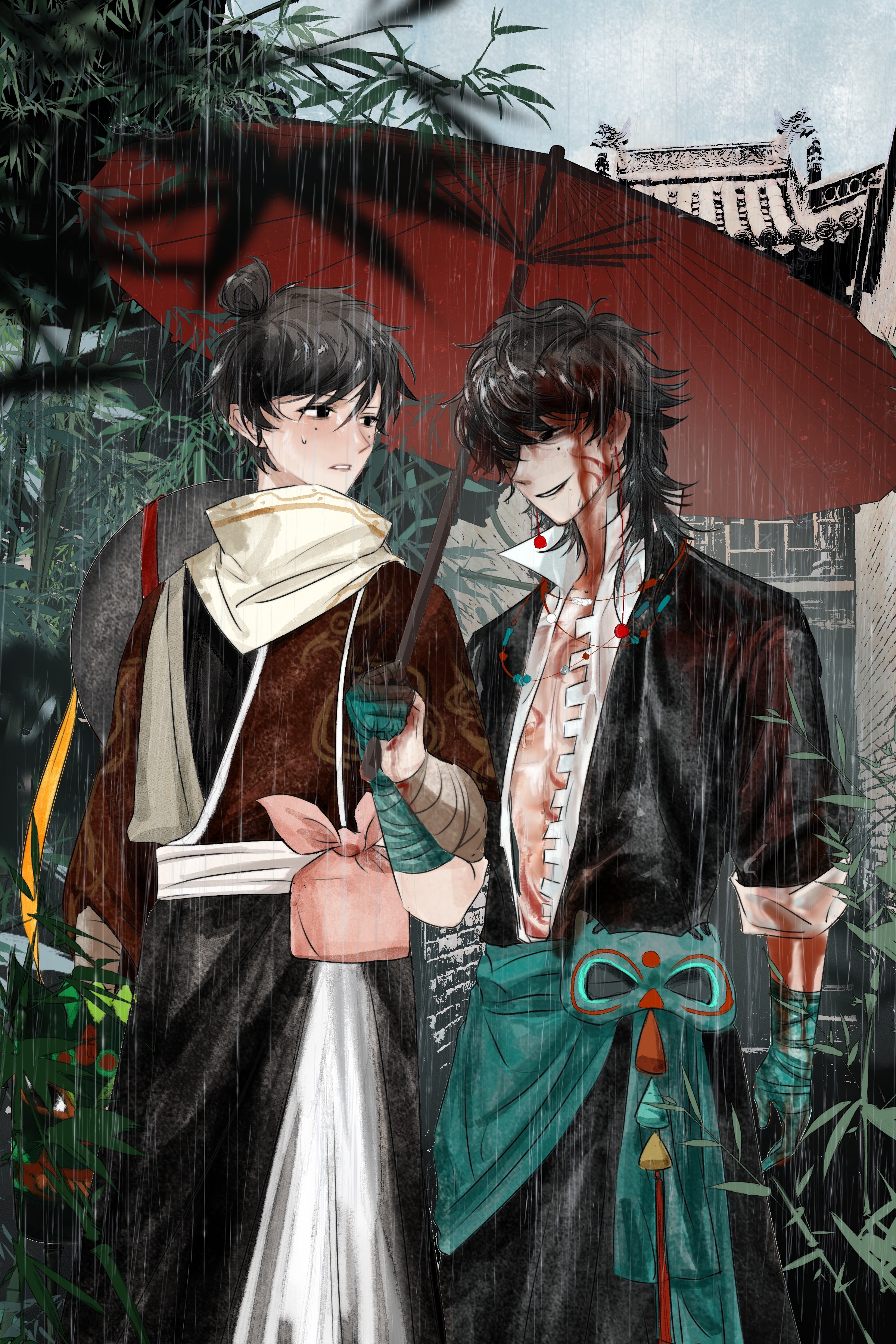 2boys absurdres bandaged_arm bandaged_hand bandages black_hair blood blood_in_hair blood_on_chest blood_on_clothes blood_on_face cen_boyao chinese_commentary commentary_request earrings hair_bun highres holding holding_umbrella huayangshan_jishi jacket jewelry karaiii male_focus medium_hair mole mole_under_each_eye mole_under_eye multiple_boys multiple_moles oil-paper_umbrella open_clothes open_jacket open_shirt outdoors red_umbrella scarf shirt short_hair sleeves_rolled_up smile sweat umbrella white_jacket white_scarf white_shirt zhao_yuwen