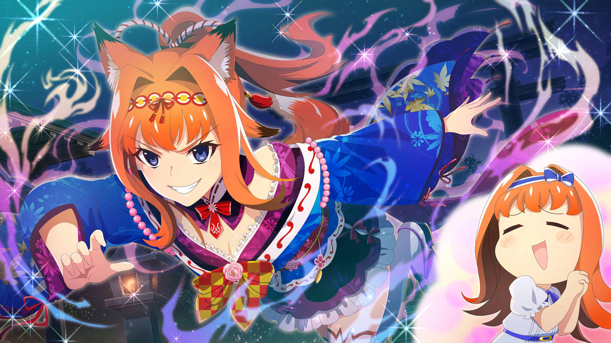 1girl :d =_= aged_up animal_ears aura blue_bow blue_eyes blue_hairband blush bow bow_hairband breasts cleavage dress dutch_angle flipped_hair fox_ears fox_tail game_cg geta grin hair_bow hair_intakes hairband high_ponytail highres higurashi_no_naku_koro_ni higurashi_no_naku_koro_ni_mei houtani_nao imagining kimono_dress leg_up long_hair non-web_source official_alternate_costume official_alternate_hairstyle official_art open_mouth orange_hair outdoors own_hands_clasped own_hands_together ponytail running short_sleeves shrine smile sparkle stone_lantern tail thighhighs torii v-shaped_eyebrows white_dress white_thighhighs