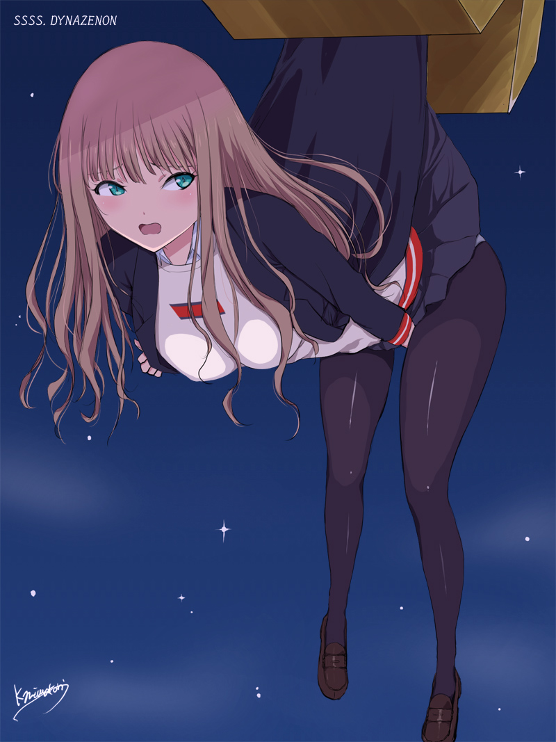 1girl black_jacket black_pantyhose black_skirt brown_footwear brown_hair clothes_lift collared_shirt copyright_name covering_crotch covering_privates dynazenon_(character) embarrassed full_body green_eyes grey_skirt gridman_universe jacket lifting_another&#039;s_clothes loafers long_hair long_sleeves looking_back minami_yume miniskirt night night_sky niwatori_kokezou open_mouth panties panties_under_pantyhose panty_peek pantyhose pleated_skirt shirt shoes signature skirt skirt_lift skirt_tug sky ssss.dynazenon star_(sky) starry_sky straight_hair thighs underwear white_shirt wing_collar