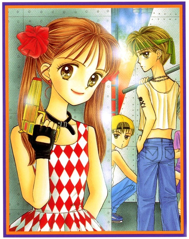 1990s_(style) 1girl 2boys 3boys against_wall aiming_up arm_tattoo arms_behind_back backwards_hat bandana bare_arms bare_shoulders baseball_cap black_choker black_gloves blue_pants bow brown_eyes brown_hair chain chain_necklace choker club_(weapon) collar collarbone commentary cover cover_page crop_top crossed_legs denim diamond_mouth diamond_print dress earrings expressionless feet_out_of_frame finger_on_trigger fingerless_gloves flat_chest from_behind from_side frown fur_collar gloves green_headband gun hachimaki hair_bow hair_ornament hair_ribbon hand_in_pocket hand_up hat hayama_akito headband holding holding_club holding_lead_pipe holding_water_gun holding_weapon jeans jewelry kamura_naozumi kodomo_no_omocha kurata_sana ladder lead_pipe lipstick looking_ahead looking_at_viewer looking_back makeup manga_cover multiple_boys necklace no_eyewear obana_miho official_art ohki_tsuyoshi out_of_frame pants pink_lips profile purple_footwear purple_shirt red_dress red_hair red_headwear red_ribbon retro_artstyle ribbon shirt shoes sitting skull_and_crossbones skull_and_crossbones_tattoo sleeveless sleeveless_dress smile sneakers socks squatting steam tank_top tattoo textless_version third-party_source twintails two-tone_dress upper_body water_gun weapon white_dress white_socks white_tank_top