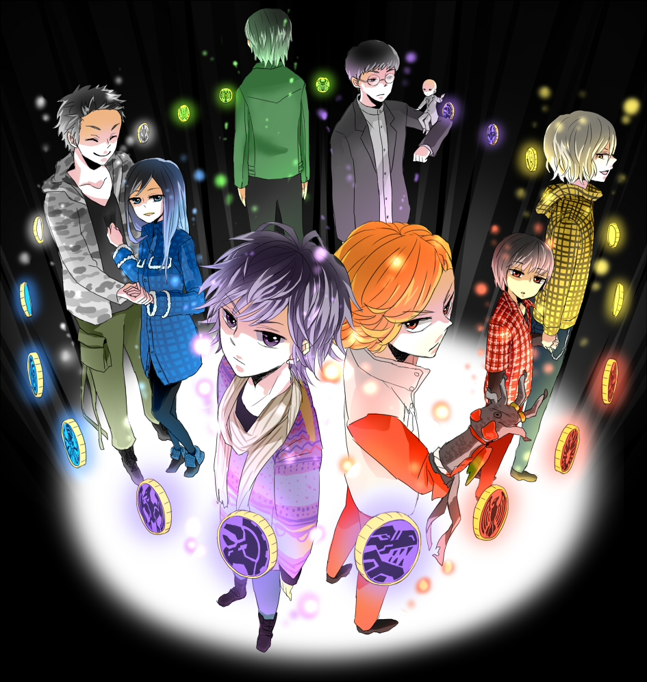 1girl 6+boys ^_^ ankh_(ooo) arms_at_sides back back-to-back bald black_hair black_pants blazer blonde_hair blue_eyes blue_hair blue_pants blue_pantyhose boots brown_hair camouflage child clenched_hand closed_eyes clothes_grab fingernails floating floating_object from_above frown fur_trim gamel glasses gloves green_hair green_pants hand_up hino_eiji holding_hands jacket kamen_rider kamen_rider_ooo_(series) kazari long_fingernails long_sleeves looking_at_viewer lost_ankh maki_kiyoto mezul mini_person miniboy multiple_boys o_medal orange_eyes orange_hair pants pantyhose peparoni plaid_clothes plaid_shirt purple_eyes purple_hair red_eyes red_pants rimless_eyewear satone scarf shirt shirt_grab shoes short_hair smile standing sweater swept_bangs uva