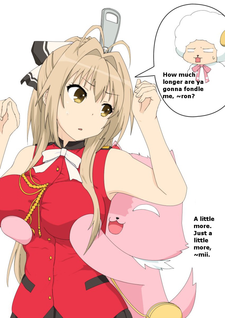 10s 1girl 2boys amagi_brilliant_park antenna_hair bow cosplay gobanme_no_mayoi_neko grabbing_another&#039;s_breast grabbing_from_behind groping hair_bow hard-translated highres macaron_(amaburi) multiple_boys ponytail sento_isuzu sento_isuzu_(cosplay) skinsuit third-party_edit tiramii translated zipper zipper_pull_tab