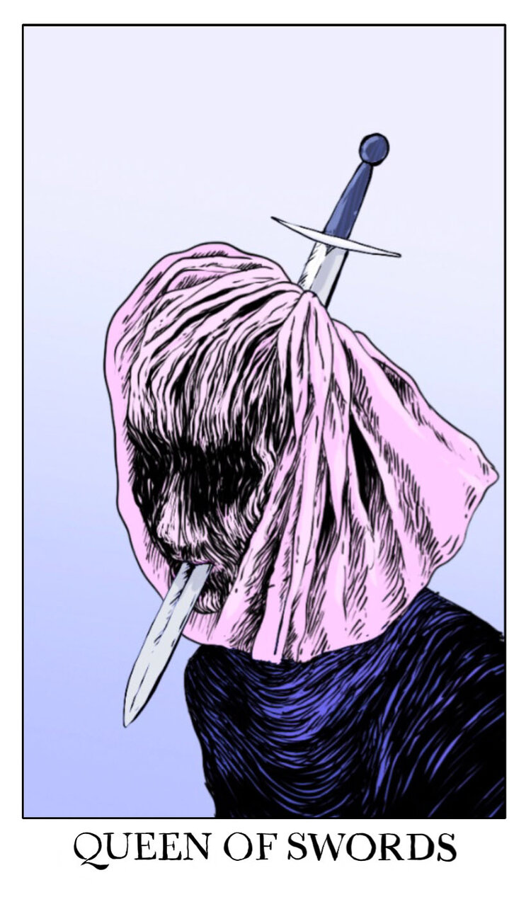 1girl bag_over_head blue_background blue_shirt border card_(medium) english_text gradient_background high_contrast highres horror_(theme) impaled injury jessica_hayworth knife_in_head long_sleeves minor_arcana_(tarot) object_through_head original pink_veil shadow shirt solo surreal sword tarot tarot_(medium) veil weapon white_border