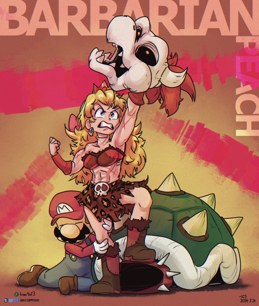 1boy 1girl artist_name blonde_hair blue_eyes boots bowser breasts brown_hair cleavage corpse dry_bowser earrings facial_hair hand_up hat headless horns hug jewelry leg_grab long_hair mario mario_(series) midriff mustache navel nintendo overalls princess_peach ribbon serious skirt skull spiked_shell