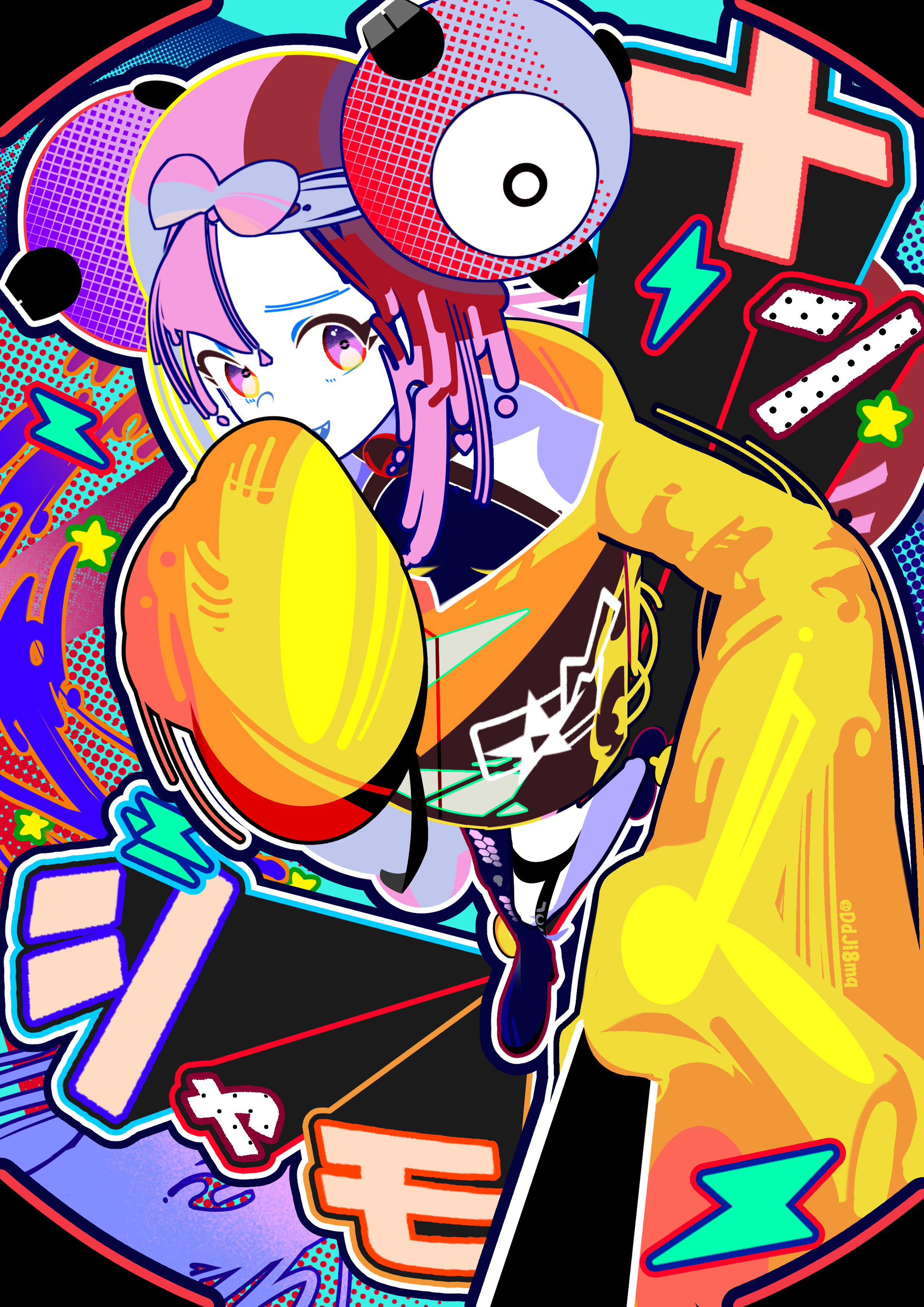 1girl :d absurdres bow-shaped_hair character_hair_ornament character_name commentary_request game_freak hair_ornament highres iono_(pokemon) jacket kurea_(jjvt3228) lightning_bolt_symbol long_sleeves nintendo open_mouth pokemon pokemon_sv purple_eyes purple_hair revision selfie selfie_stick shoes sleeves_past_fingers sleeves_past_wrists smile solo teeth thigh_strap upper_teeth_only yellow_jacket