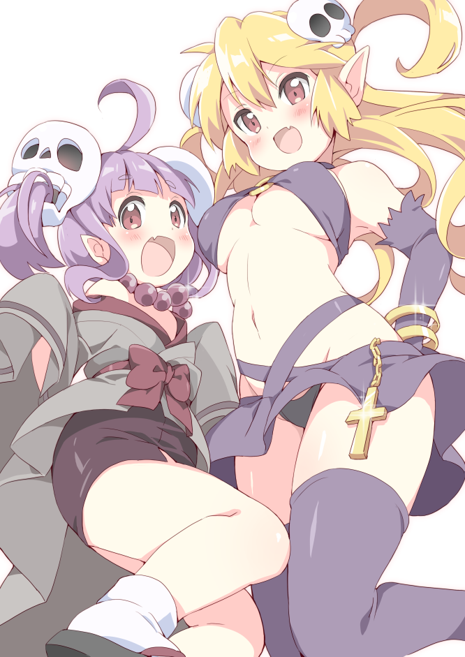 2girls :d ahoge bandeau bead_necklace beads black_panties blonde_hair bracelet breasts brown_skirt commentary_request elbow_gloves fang gloves grey_kimono hair_ornament huge_ahoge japanese_clothes jewelry kimono large_breasts long_hair long_sleeves looking_at_viewer miniskirt multiple_girls navel necklace neneko-n o-ring o-ring_top open_mouth original panties pantyshot pencil_skirt pointy_ears purple_bandeau purple_gloves purple_skirt purple_thighhighs red_eyes sidelocks skin_fang skirt skull_hair_ornament smile stomach thighhighs twintails two_side_up underboob underwear upskirt very_long_hair wide_sleeves