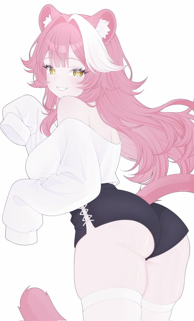 1girl animal_ears ass black_shorts blush breasts commentary grin hair_intakes hololive hololive_english large_breasts long_hair long_sleeves looking_at_viewer looking_back mintikmeow multicolored_hair panther_ears panther_girl panther_tail pink_hair pink_tail raora_panthera shorts simple_background sleeves_past_fingers sleeves_past_wrists smile solo streaked_hair sweater tail two-tone_hair virtual_youtuber white_background white_sweater yellow_eyes