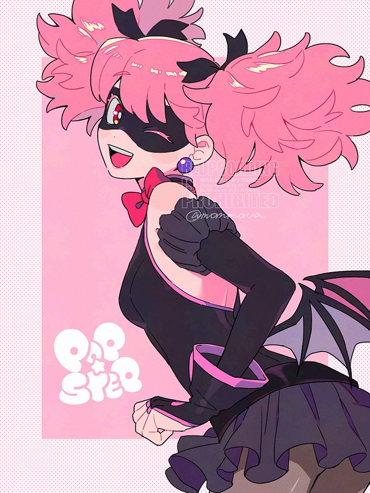 1girl ;d black_dress black_gloves black_mask black_ribbon black_sleeves bow bowtie character_name detached_sleeves domino_mask dress earrings eye_mask fingerless_gloves gloves grey_pantyhose hair_ribbon haneyama_kazuho jewelry low_wings mask mommorua one_eye_closed open_mouth pantyhose pink_bow pink_bowtie pink_hair red_eyes ribbon smile solo superhero_costume teeth twintails upper_teeth_only vigilante_-boku_no_hero_academia:_illegals- wings