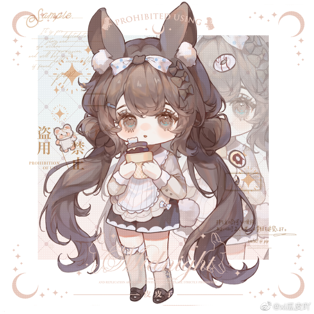 1girl absurdly_long_hair animal_ear_fluff animal_ears apron argyle_background asymmetrical_legwear bear bear_hair_ornament black_shorts blue_background blue_eyes border bow braid brown_bow brown_hair brown_shoes brown_socks chibi chinese_commentary commentary_request commission cross-laced_clothes cross-laced_legwear double_bun eyelashes food frilled_sleeves frills gradient_background grey_shirt hair_bow hair_bun hair_ornament hairclip holding holding_food holding_ice_cream holding_ice_cream_cone ice_cream ice_cream_cone kneehighs lace-trimmed_apron lace_trim light_blush loafers long_hair low_twintails multiple_hair_bows open_mouth orange_background original outside_border polka_dot polka_dot_bow rabbit_ears rabbit_girl rabbit_tail sample_watermark shirt shoes shorts single_braid single_kneehigh single_sock socks solo standing striped_apron striped_clothes tail tareme too_many_watermarks turtleneck turtleneck_shirt twintails vertical-striped_apron vertical-striped_clothes very_long_hair watermark weibo_watermark white_apron white_border white_bow xi_guapi zoom_layer