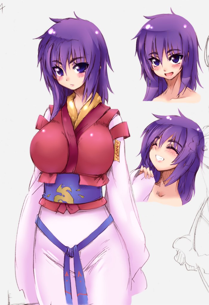 1girl arc_the_lad arc_the_lad_ii blush breasts closed_mouth dress kukuru_(arc_the_lad) large_breasts long_hair long_sleeves looking_at_viewer open_mouth purple_eyes purple_hair simple_background sleeves_past_wrists smile solo tokyo_(great_akuta) white_background
