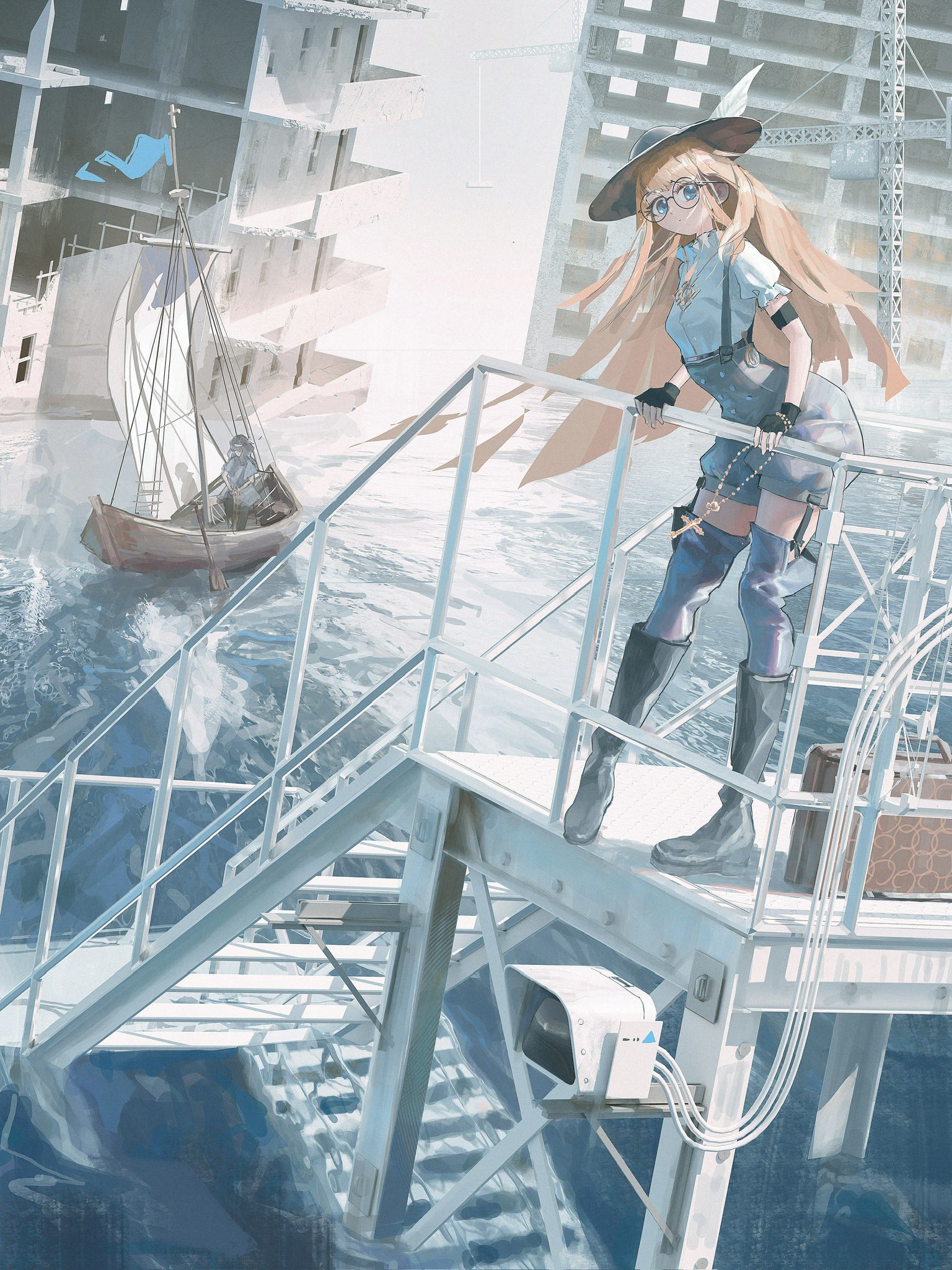 1girl airfish_(lefko_d) architecture blonde_hair boat boots cross fingerless_gloves glasses gloves hat highres oar ocean original stairs standing watercraft
