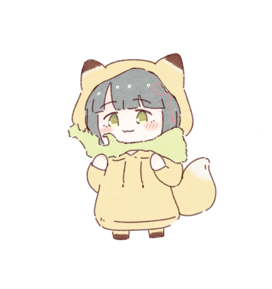 1girl :3 amano_tatsu animal_ears animal_hood black_hair blunt_bangs blush bob_cut chibi chibi_only closed_mouth commentary flower flower_knot fox_ears fox_hood fox_tail full_body green_eyes hair_flower hair_ornament holding holiday_holiday_(love_live!) hood hoodie ishikawa_prefecture link!_like!_love_live! long_hoodie long_sleeves love_live! momose_ginko official_alternate_costume pants short_hair smile solo standing tail virtual_youtuber yellow_hoodie yellow_pants