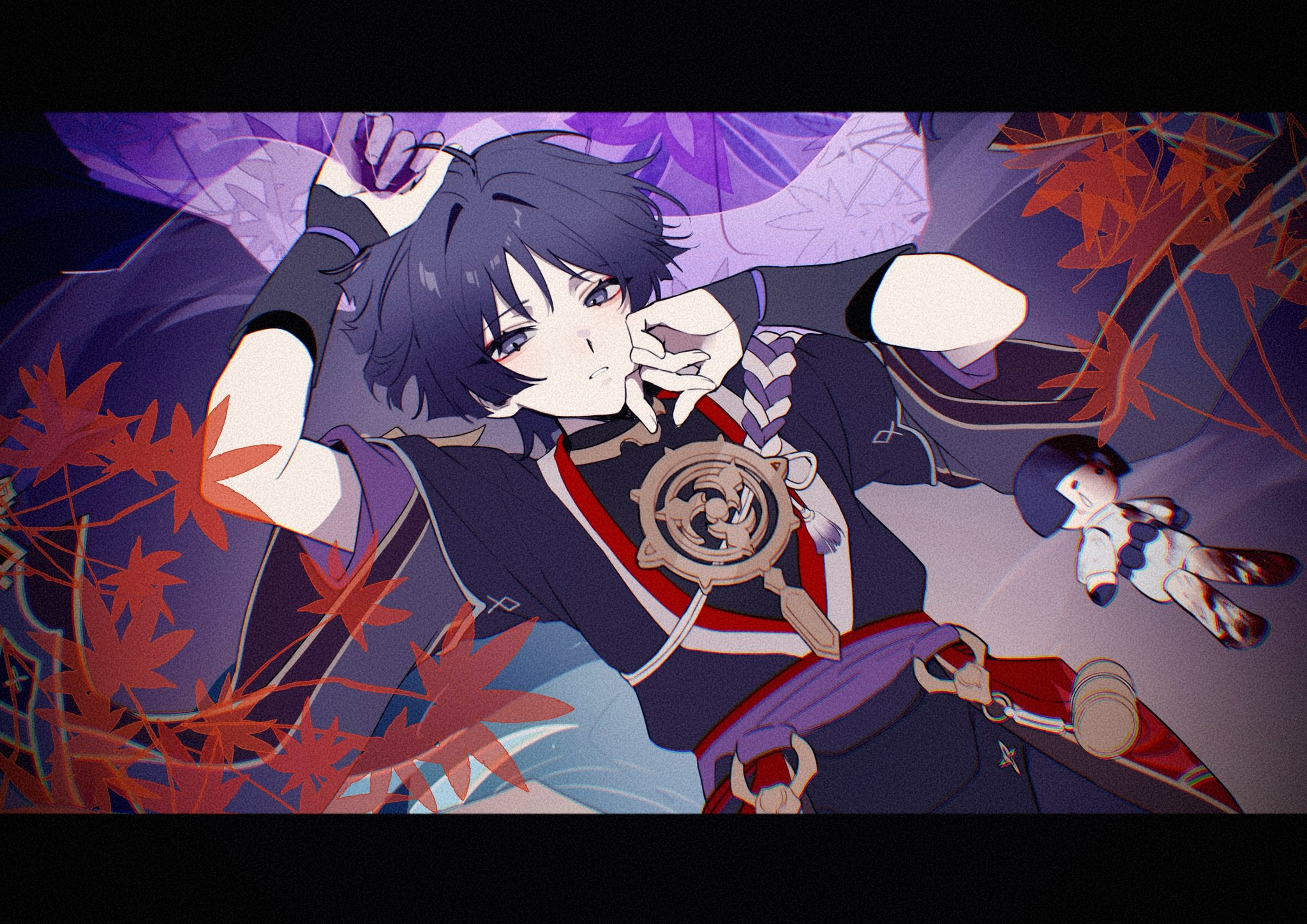 1boy armor arms_up black_kimono black_sleeves blood_on_toy curled_fingers dutch_angle eyeliner eyeshadow fingernails floral_print_veil furisode genshin_impact gold gold_trim hair_intakes han'eri hand_on_own_face highres japanese_armor japanese_clothes jewelry kimono kote kurokote layered_kimono layered_sleeves leaf looking_at_viewer lying makeup male_focus maple_leaf mitsudomoe_(shape) neck_ring o-ring on_back open_clothes open_kimono parted_lips purple_eyes purple_hair purple_rope purple_sash purple_sleeves purple_veil red_eyeliner red_eyeshadow red_kimono red_sash rope sash scaramouche_(genshin_impact) see-through_clothes see-through_veil shimenawa short_sleeves solo tassel tomoe_(symbol) tsurime veil w02_14 white_kimono white_mouth white_rope wispy_bangs