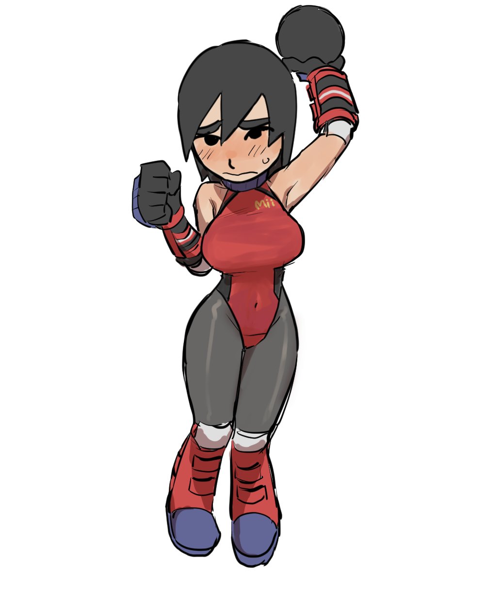 1girl ball blush boots breasts dancho_no_mori genderswap genderswap_(mtf) gloves highres large_breasts leotard mii_brawler navel nervous nintendo pantyhose shy super_smash_bros.