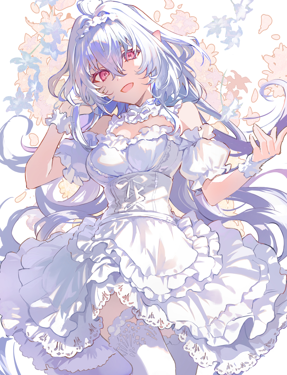 1girl ahoge bare_shoulders breasts cleavage_cutout clothing_cutout corset dirndl dress fate/grand_order fate_(series) frilled_hairband frills german_clothes hairband highres lady_avalon_(event_portrait)_(fate) lady_avalon_(fate) long_hair looking_at_viewer medium_breasts merlin_(fate/prototype) open_mouth pink_eyes pointy_ears poppoman scrunchie smile solo very_long_hair white_dress white_hair wrist_scrunchie