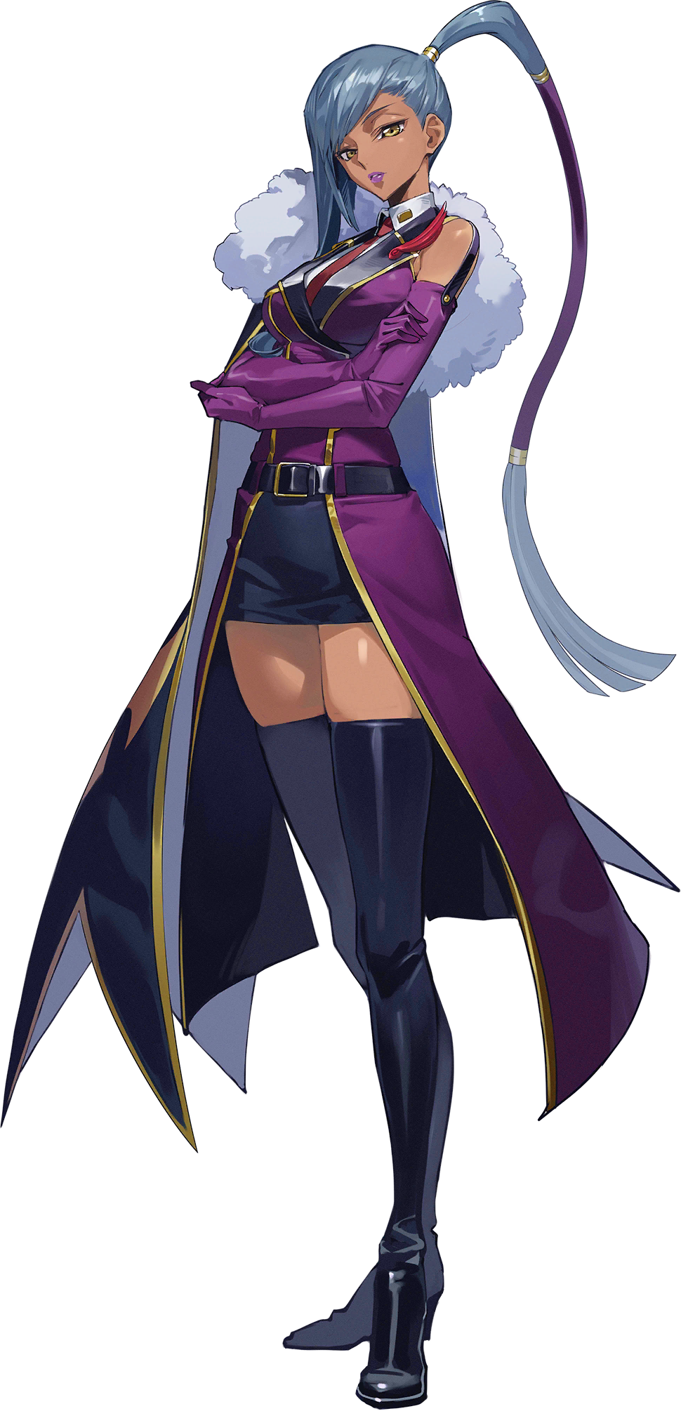 1girl asymmetrical_hair bare_shoulders belt black_skirt black_thighhighs boots breasts buttons cape coat code_geass code_geass:_genesic_re;code collared_shirt covered_navel cropped_legs crossed_legs dark-skinned_female dark_skin dutch_angle elbow_gloves full_body gloves grey_hair hand_up high_side_ponytail highres lapel_pin large_breasts lipstick long_hair looking_at_viewer makeup military_uniform miniskirt necktie official_art on_stool parted_lips pencil_skirt ponytail purple_coat purple_gloves purple_lips red_necktie shirt side_ponytail sidelocks simple_background sitting skirt sleeveless sleeveless_coat sleeveless_shirt solo stool teeth thigh_boots thighhighs thighs transparent_background v-shaped_eyebrows very_long_hair villetta_nu white_shirt yellow_eyes zettai_ryouiki