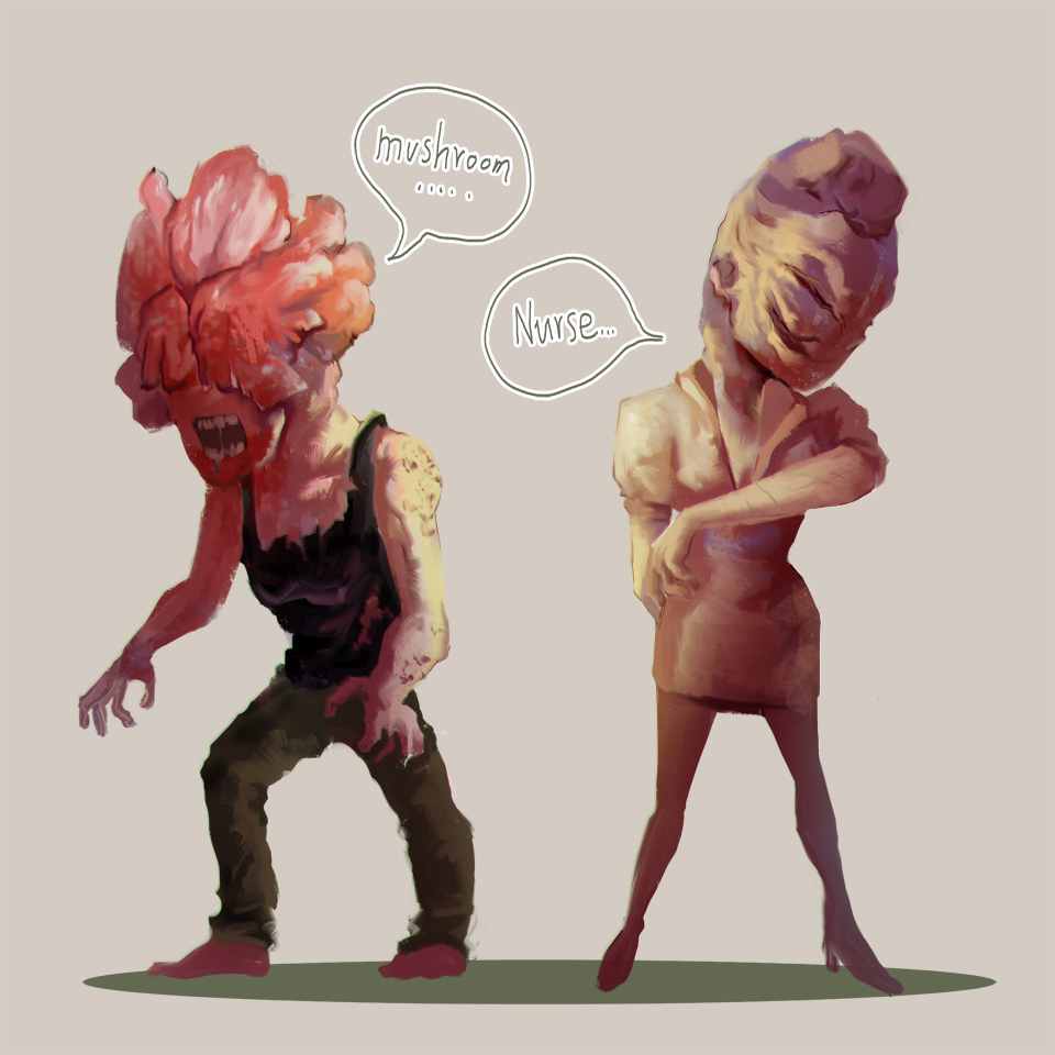 1boy 1girl bad_id bad_pixiv_id bubble_head_nurse clicker_(the_last_of_us) crossover dress full_body monster_girl nurse silent_hill silent_hill_(series) silent_hill_2 simple_background the_last_of_us the_last_of_us_(series) xddmlgb