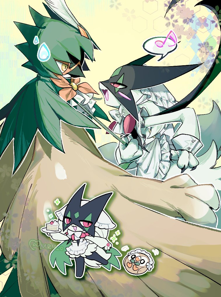 apron bird blush body_fur brown_feathers cat chibi chibi_inset decidueye evolutionary_line eye_mask feathers from_side gen_7_pokemon green_fur green_hood hood hood_up maid maid_headdress meowscarada musical_note nintendo owl pokemon pokemon_(creature) rowlet sok_(mr14_c) spoken_musical_note
