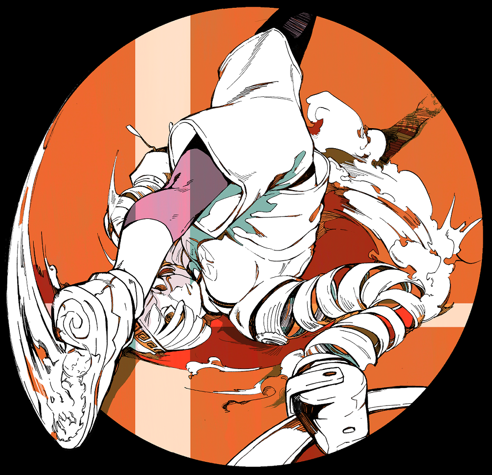 1girl @_@ arms_(game) beanie bob_cut hat kakiyakee_(k_key_5) kicking leggings_under_shorts min_min_(arms) short_hair shorts solo spot_color upside-down