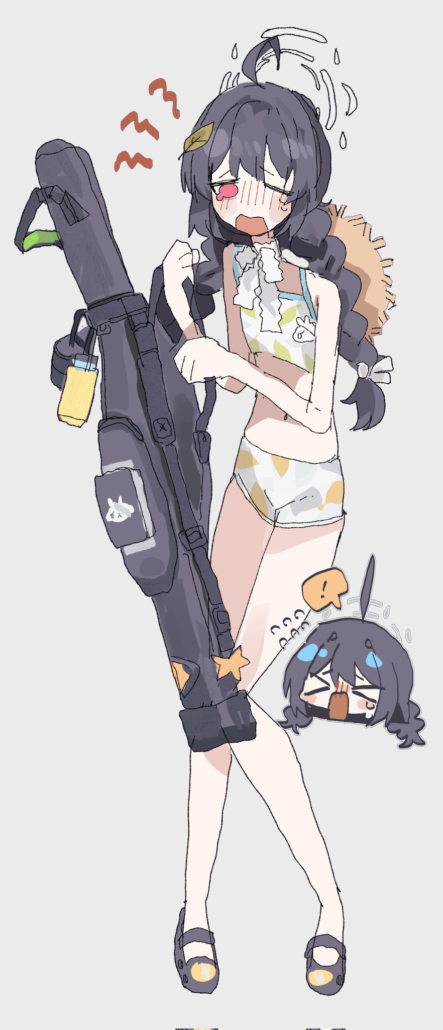 ! &gt;_&lt; 1girl ahoge bikini black_hair blue_archive blush braid flat_chest flying_sweatdrops full_body furrowed_brow grey_background halo hat hat_on_back highres holding knees_together_feet_apart leaf leaf_on_head leaf_print long_hair low_twin_braids miyu_(blue_archive) miyu_(swimsuit)_(blue_archive) multiple_views navel odmised official_alternate_costume one_eye_closed open_mouth print_bikini red_eyes ribbon simple_background spoken_exclamation_mark straw_hat swimsuit tearing_up tears twin_braids weapon_case white_bikini white_ribbon