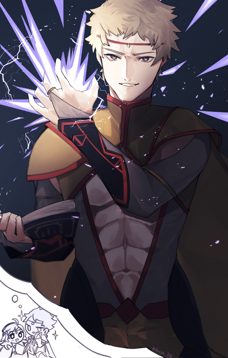 1boy 1girl abs ahoge black_bridal_gauntlets blonde_hair bodystocking book bridal_gauntlets cape chibi circlet electricity father_and_daughter fire_emblem fire_emblem_fates gold_cape grey_eyes highres holding holding_book long_hair looking_at_viewer magic male_focus nintendo odin_(fire_emblem) open_mouth ophelia_(fire_emblem) seinikuten smile sparkle speech_bubble thought_bubble upper_body