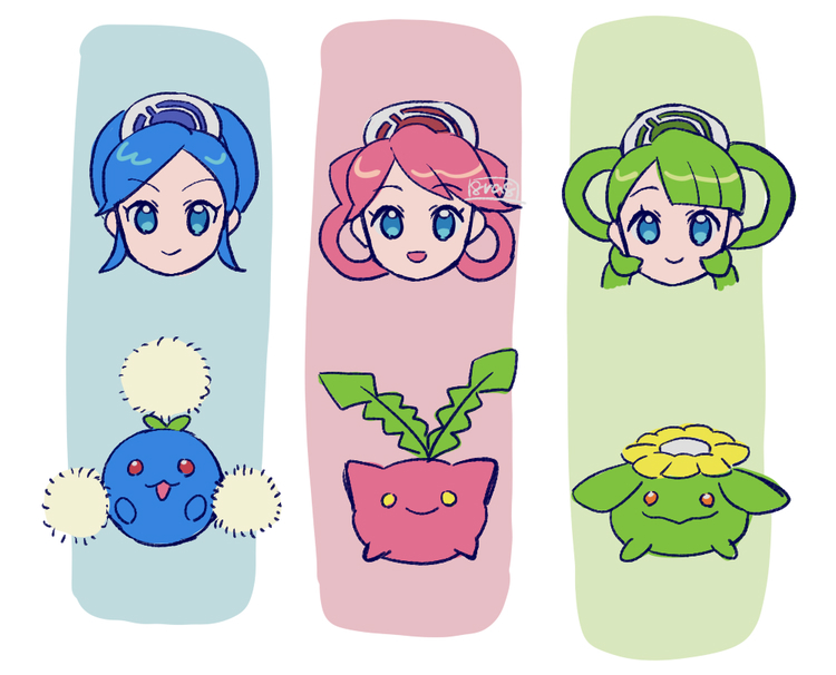 3girls aqua_eyes blue_hair blunt_bangs chibi closed_mouth commentary_request eyelashes gen_2_pokemon green_hair hair_rings haraya hat hoppip jumpluff looking_at_viewer multiple_girls nintendo pink_hair pokemon pokemon_(creature) pokemon_masters_ex signature skiploom smile tricia_(pokemon) trinnia_(pokemon) trista_(pokemon)