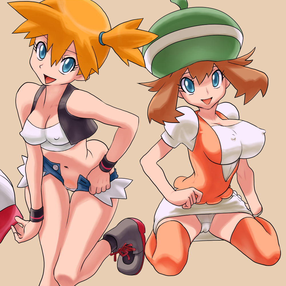 2girls beret bianca_(pokemon)_(cosplay) blue_eyes breasts brown_hair cleavage cosplay costume_switch covered_erect_nipples dress hat hilda_(pokemon)_(cosplay) kneeling may_(pokemon) misty_(pokemon) multiple_girls nintendo no_panties open_clothes open_fly open_mouth open_shorts orange_hair otsukare panties pantyshot pokemon shorts side_ponytail smile twintails underwear unzipped