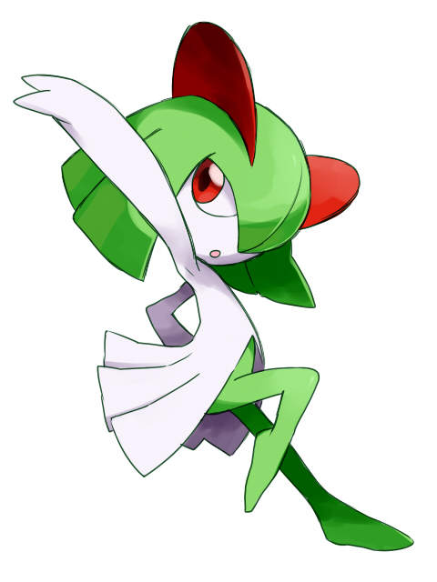 arm_up colored_skin gen_3_pokemon good_frog green_hair green_skin hair_over_one_eye horns kirlia multicolored_skin nintendo parted_lips pokemon pokemon_(creature) red_eyes sidelocks simple_background two-tone_skin white_background white_skin