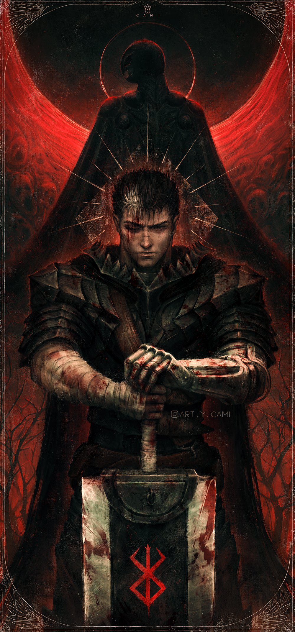 2boys armor artcami bandaged_arm bandages bandolier belt berserk berserker_armor black_armor black_cape black_hair blood blood_on_face blood_on_hands bloody_weapon brand_of_sacrifice cape closed_mouth commentary dragonslayer_(sword) eclipse english_commentary facing_viewer femto_(berserk) griffith_(berserk) guts_(berserk) helmet highres holding holding_sword holding_weapon instagram_username male_focus multicolored_hair multiple_boys one_eye_closed prosthesis prosthetic_arm scar scar_on_face short_hair shoulder_armor solar_eclipse spiked_hair streaked_hair sword weapon