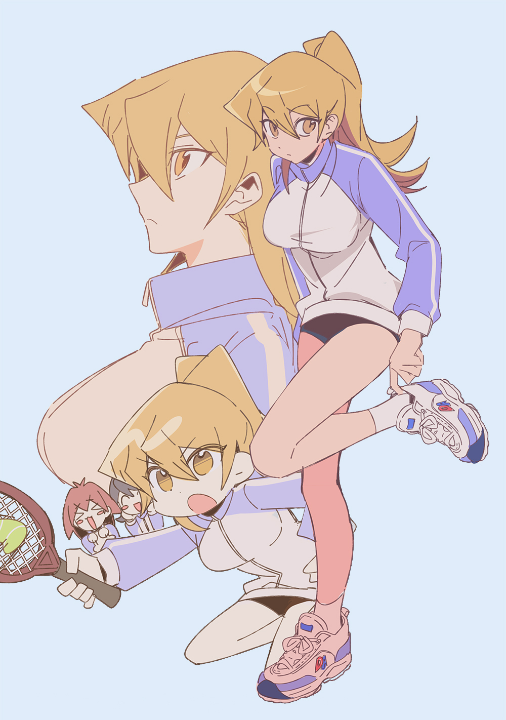 &gt;_&lt; 3_ma_me 3girls ball black_bloomers blonde_hair bloomers blush_stickers breasts chibi full_body hamaguchi_momoe high_ponytail highres jacket large_breasts long_hair makurada_junko multiple_girls ponytail racket tenjouin_asuka tennis_ball tennis_racket underwear white_jacket yu-gi-oh! yu-gi-oh!_gx
