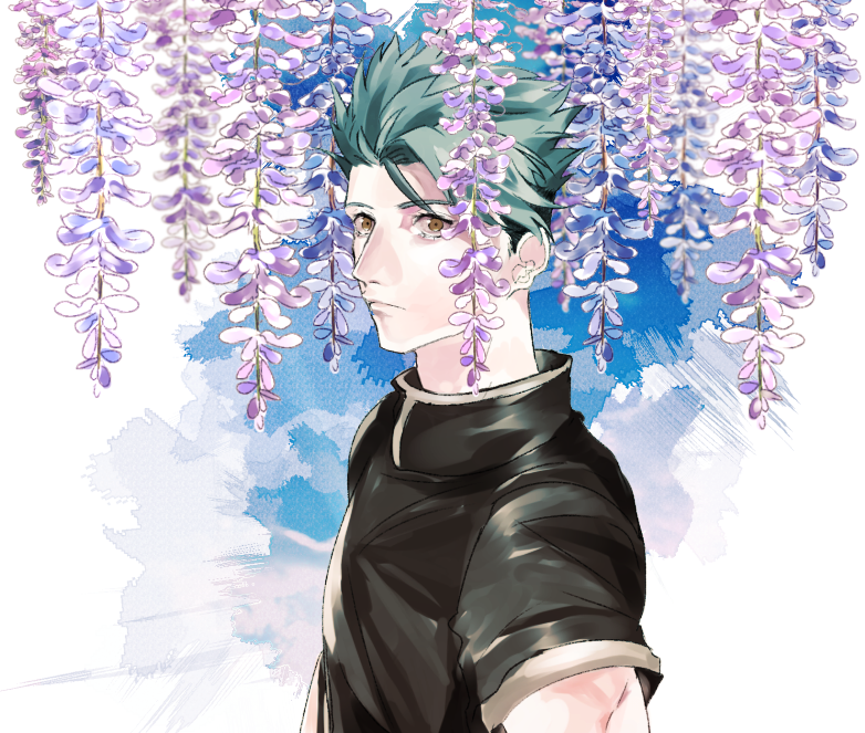 1boy achilles_(fate) brown_eyes closed_mouth dark_green_hair eyelashes fate_(series) faux_traditional_media flower hanging_flower male_focus naos_(826) purple_flower short_hair short_sleeves toned toned_male undercut upper_body white_background