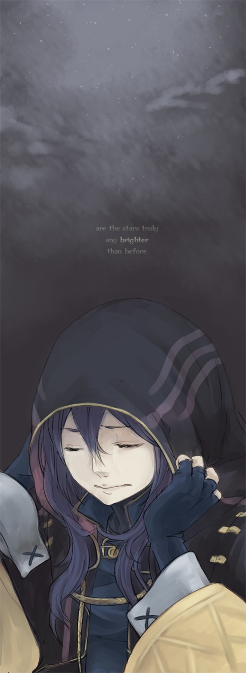 1girl blue_hair cloak closed_eyes cosplay english_text female_robin_(fire_emblem) fire_emblem fire_emblem_awakening highres long_hair lucina_(fire_emblem) male_robin_(fire_emblem) male_robin_(fire_emblem)_(cosplay) nintendo sad