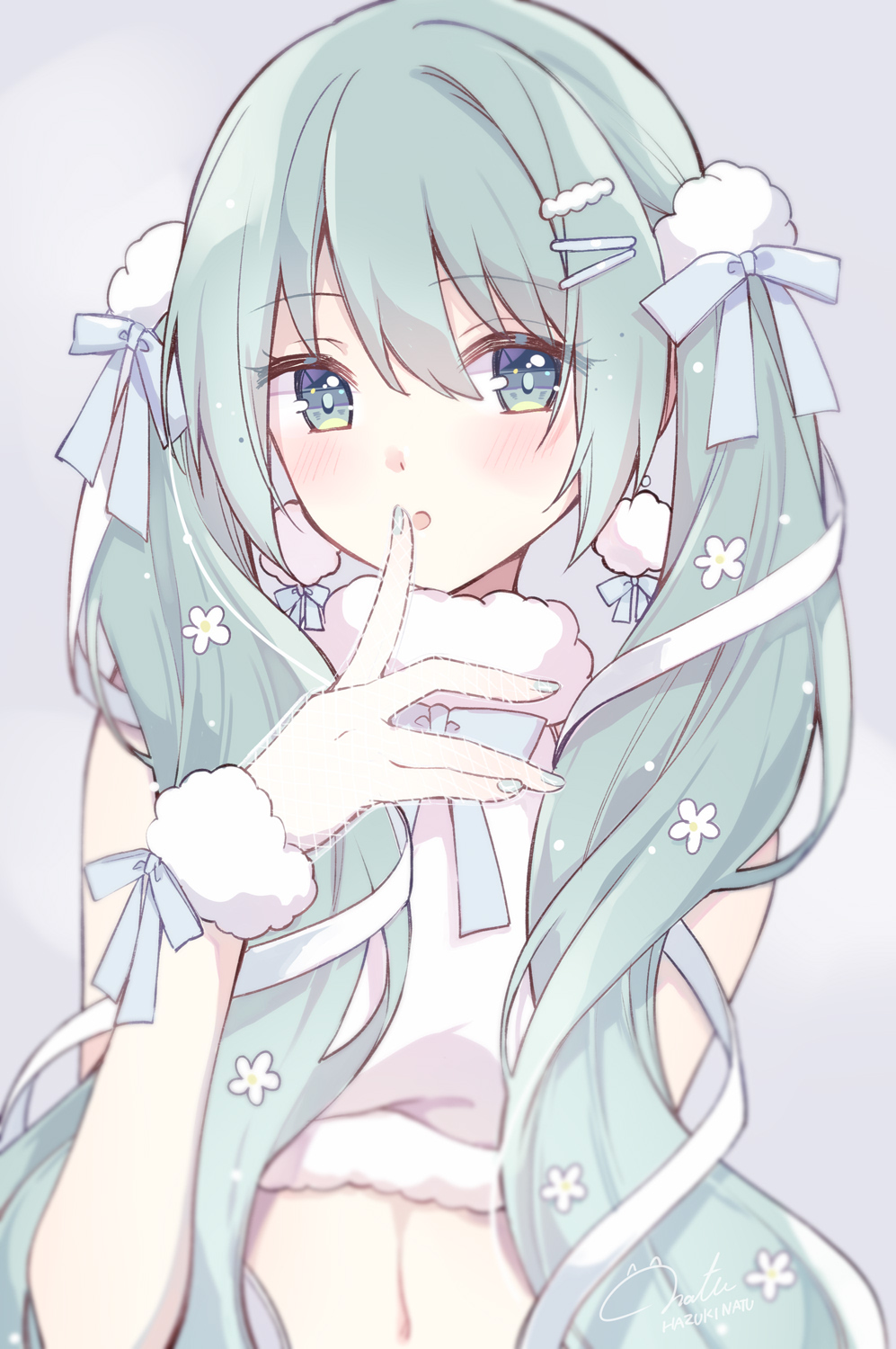 1girl :o blue_eyes blue_nails blue_ribbon blush commentary crop_top dot_nose earrings finger_to_mouth fingernails fur-trimmed_shirt fur_trim green_hair grey_background hair_between_eyes hair_ribbon hatsune_miku hazuki_natsu highres jewelry long_bangs long_hair looking_at_viewer nail_polish navel open_mouth pom_pom_(clothes) pom_pom_earrings ribbon shirt sidelocks simple_background solo stomach twintails upper_body vocaloid wrist_cuffs