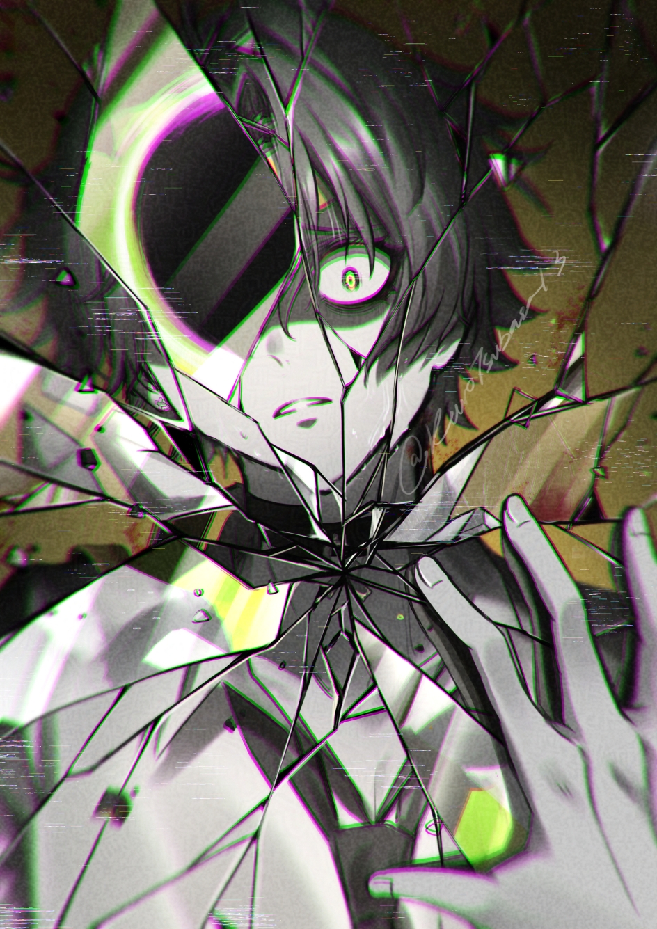1boy asaba_harumasa black_choker black_hair black_necktie blood broken_glass broken_mirror choker collared_shirt constricted_pupils crack cracked_glass glass glass_shards headband highres hollow_(zenless_zone_zero) kuro_tsubasa looking_at_mirror mirror necktie parted_bangs reflection shattered shirt solo white_shirt wide-eyed yellow_headband zenless_zone_zero