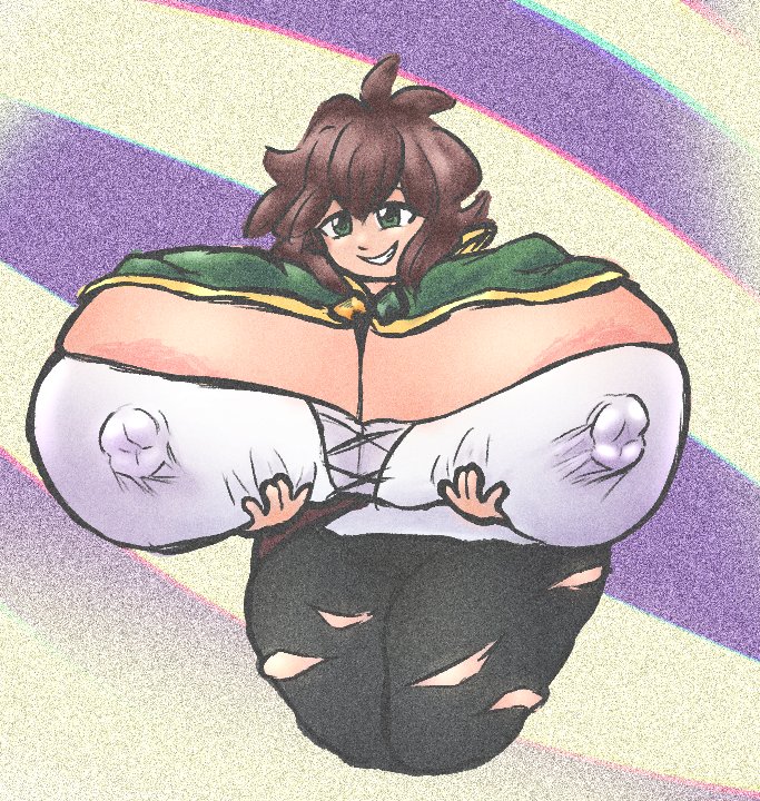 1girl antenna_hair areola_slip black_pants breasts brown_hair capelet cleavage covered_erect_nipples cropped_legs genderswap genderswap_(mtf) gigantic_breasts grabbing_own_breast green_capelet green_eyes kono_subarashii_sekai_ni_shukufuku_wo! pants satou_kazuma shirt short_hair skindentation smile solo teeth thatartistann torn_clothes torn_pants white_shirt